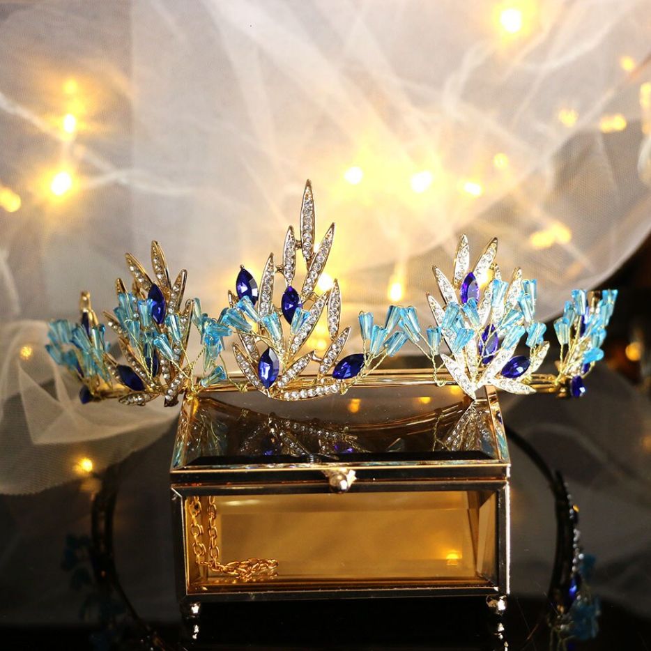 Gold Tiara with Light Blue Crystal Leaf Accents - Women Accessories Amazon.com: Didder Gold Aqua Blue Princess Crown Birthday  main image 3